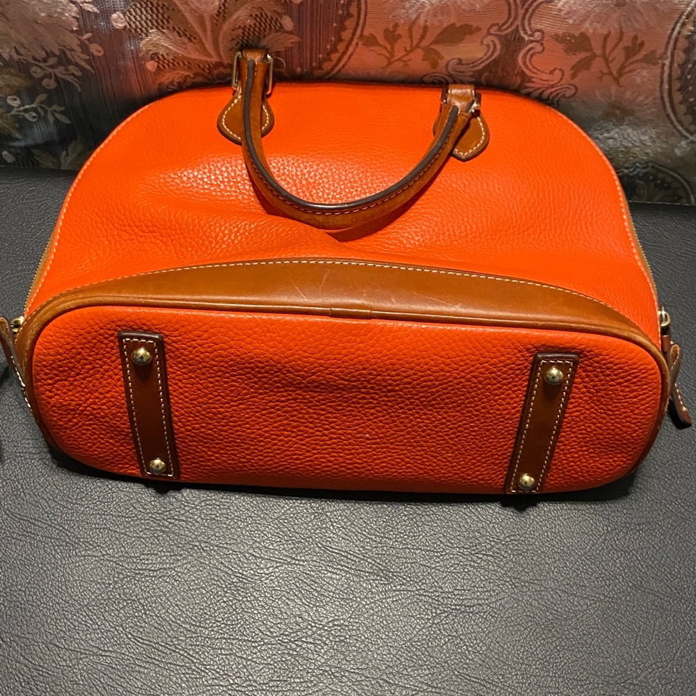 Dooney & Bourke Bright Orange Pebble Leather Dome Satchel with Brown Trim - Picture 4 of 8